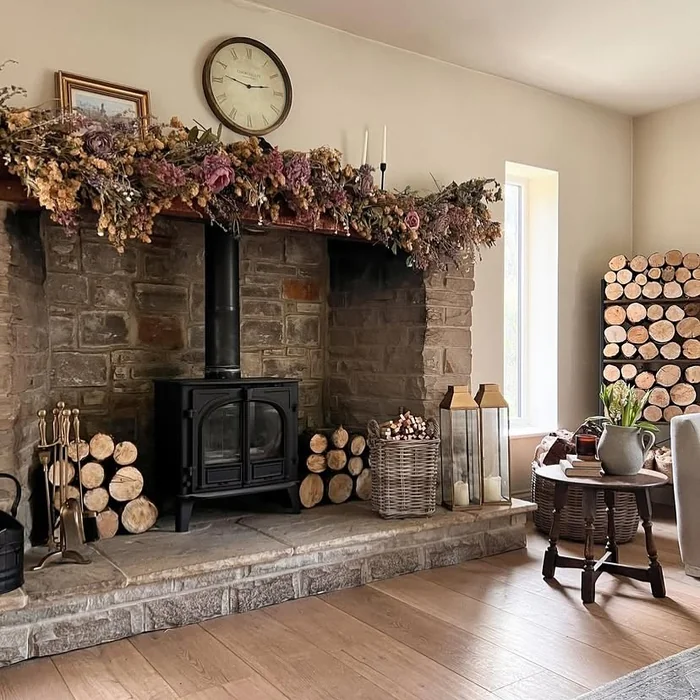 Farmhouse Stone Fireplace with Dried Flower Mantel