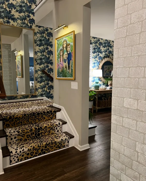 Botanical Wallpaper with Mirror and Art by Stairs