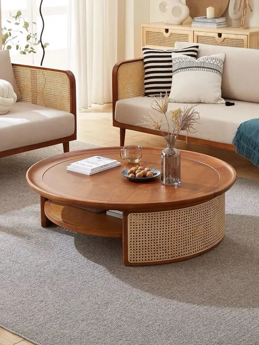 Round Rattan Wood Coffee Table