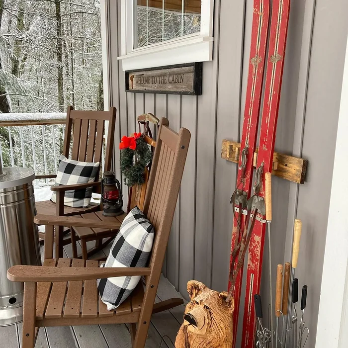 Rustic Cabin Porch with Red Vintage Skis