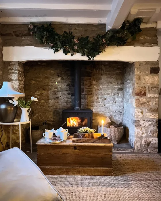 Stone Inglenook Fireplace with Spring Garland