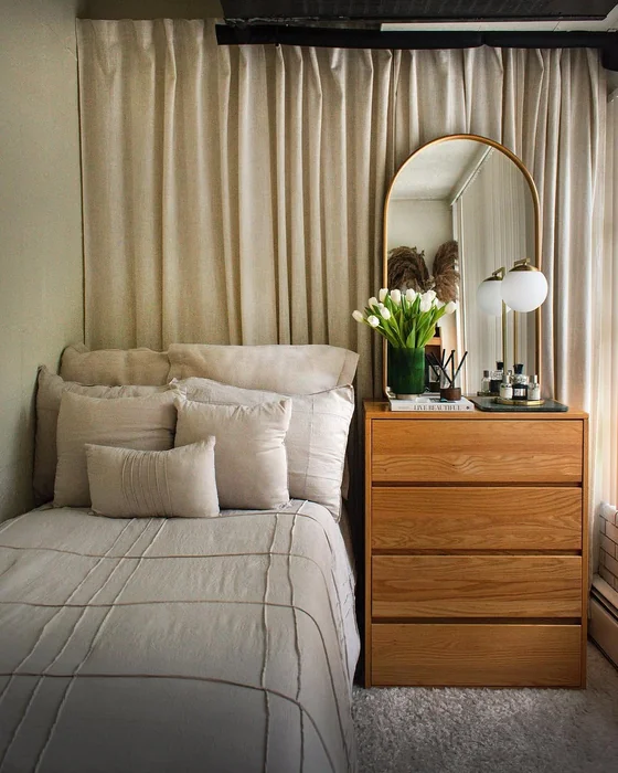 Small Neutral Bedroom with Dresser Mirror