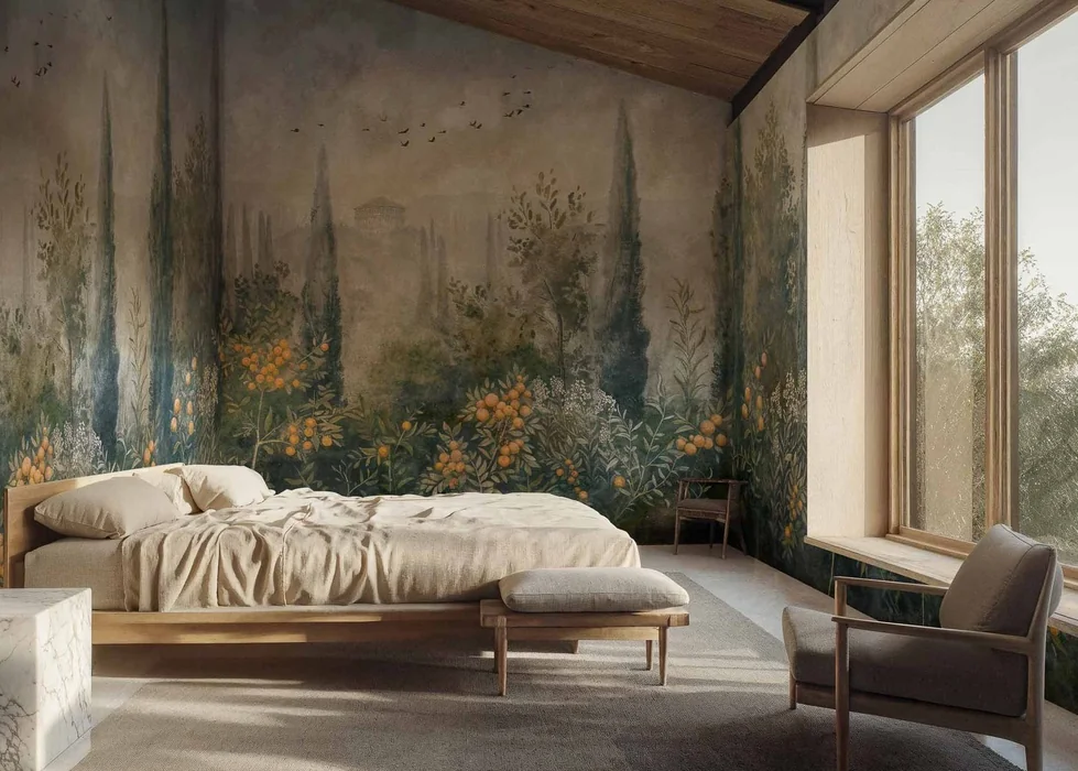 Earthy Tuscan Garden Fresco Mural Bedroom Wall