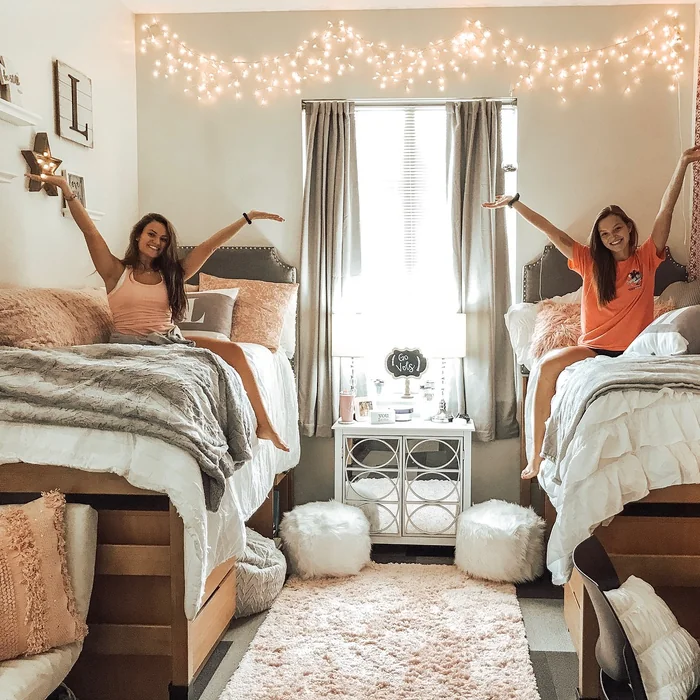 Cozy Shared Dorm with Fairy Lights & Blush Tones