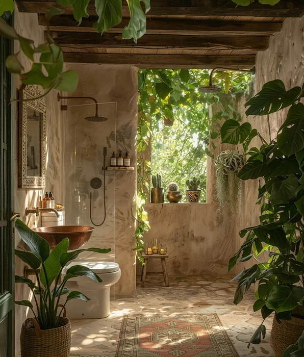 Rustic Bohemian Bathroom with Copper Sink