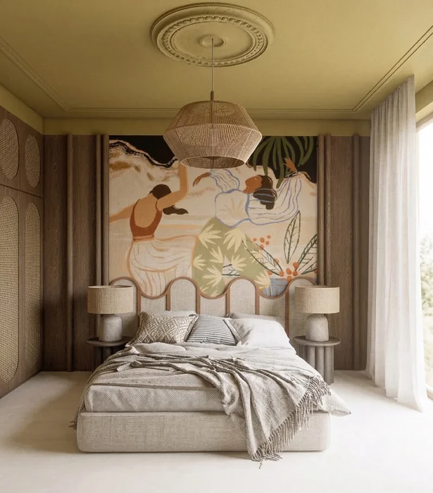 Boho Artistic Bedroom with Large Figurative Tapestry Above Bed