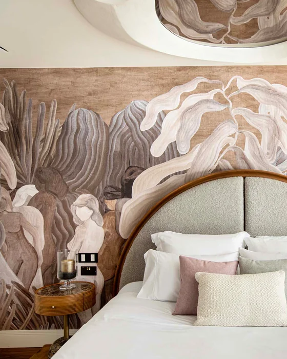Luxury Neutral Bedroom with Abstract Botanical Mural Wallpaper