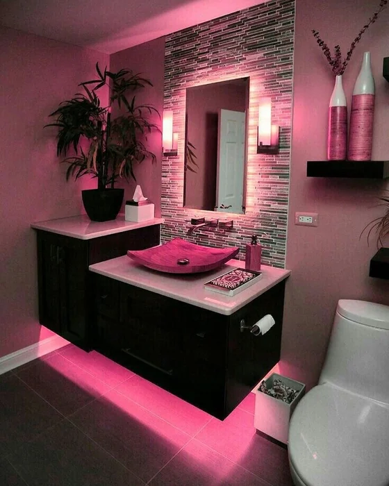 Pink LED Bathroom with Floating Vanity & Mood Lighting