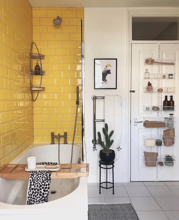 Colorful Yellow Tile Bathroom with Smart Door Storage