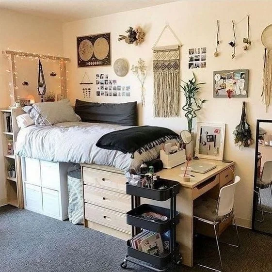 Boho Lofted Dorm with Storage & Wall Decor