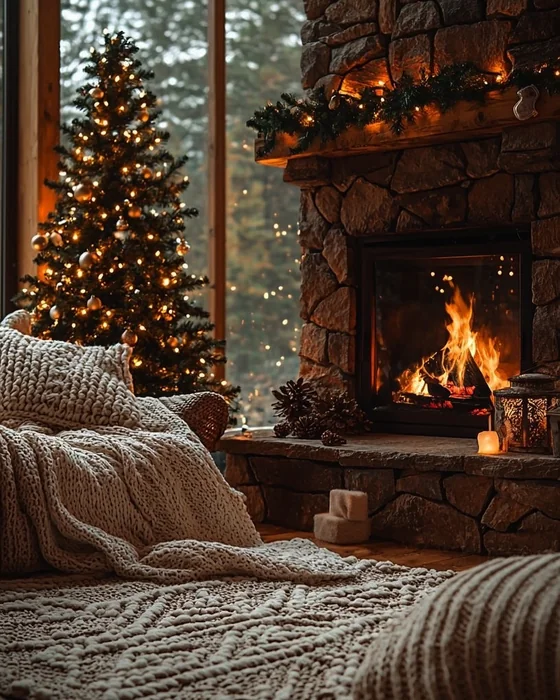 Cozy Stone Christmas Fireplace