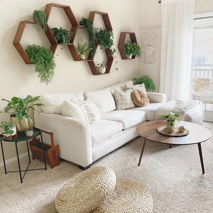 Minimalist Boho Living Room with Hexagon Shelves