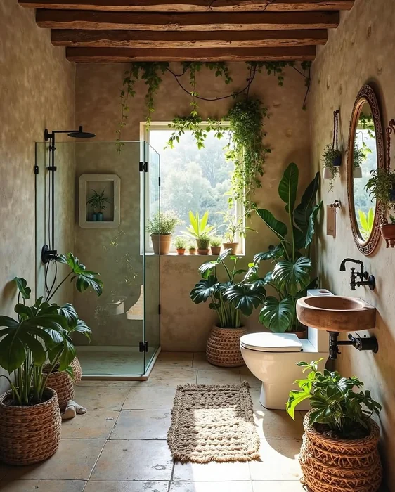 Jungle-Inspired Boho Bathroom with Glass Shower