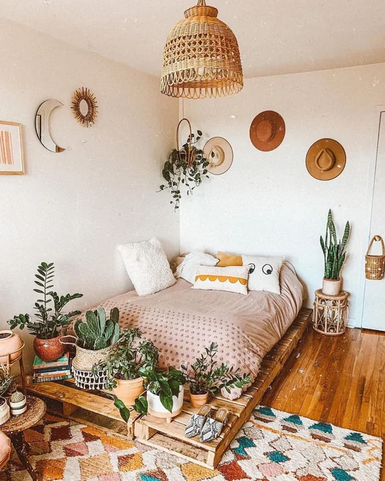Boho Bedroom with Plants, Rattan & Hat Wall