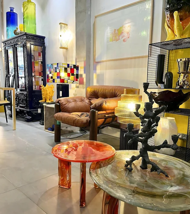 Colorful Resin Round Side Table in Art Shop Setting