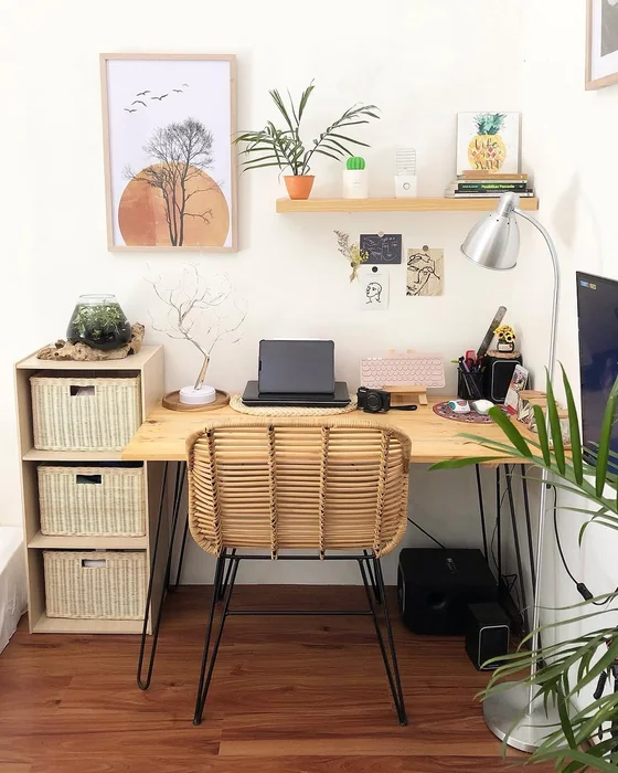 Aesthetic Boho Study Desk with Rattan Chair