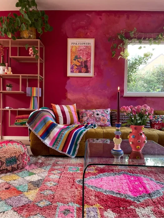 Bold Pink Maximalist Living Room