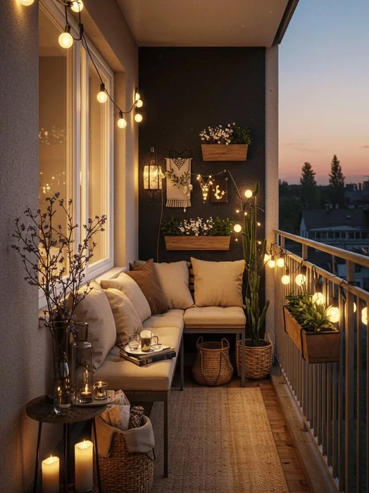 Moody Apartment Balcony with String Lights at Dusk
