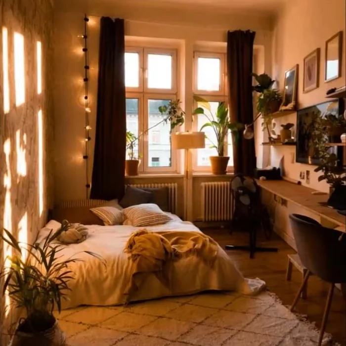 Golden Hour Aesthetic Bedroom with Plants