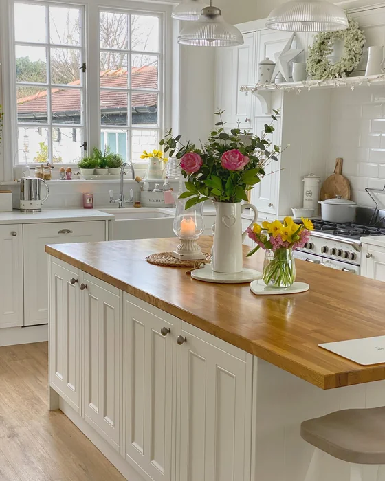 White Kitchen Island with Spring Florals