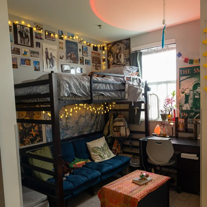 Vintage Poster Dorm with Loft Bed & Futon