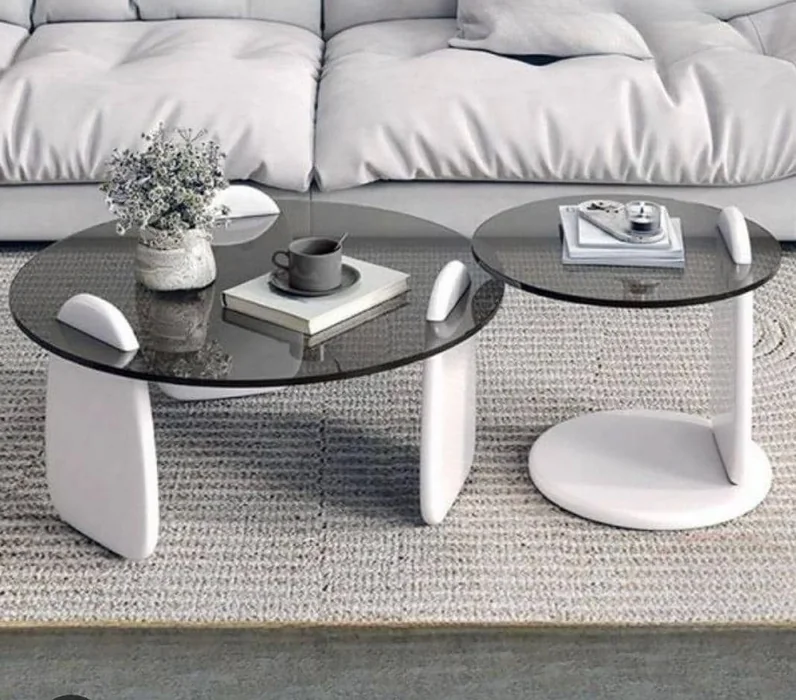 White Round Glass Coffee Table Set with Sculptural Base