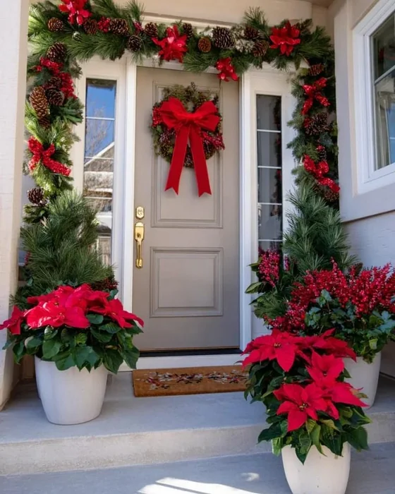 Classic Red Poinsettia Front Door Display