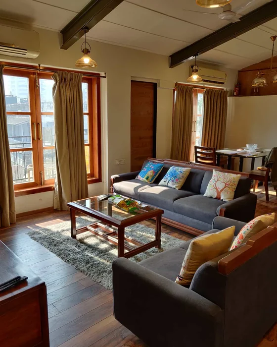 Rustic Airbnb Living Room with Wooden Beams