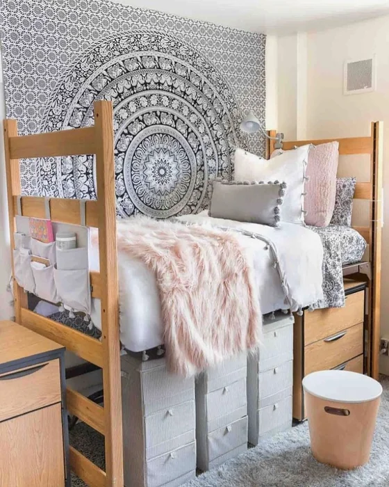Boho Dorm with Mandala Tapestry in Pink & Grey