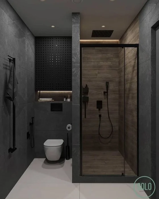 Modern Dark Apartment Bathroom with Wood Shower