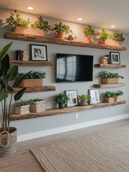 Rustic Floating Shelves Around TV